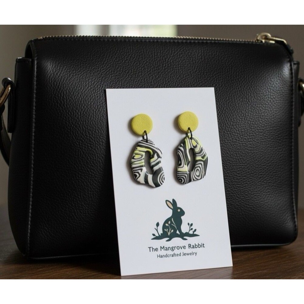 Handmade Yellow Black & White Graphic Print Polymer Clay Dangle Earrings